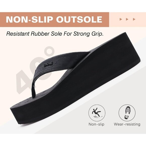 🆕  Black Vegan Leather Platform Flip Flops Dressy Summer Sandals Arch Support - Picture 6 of 7